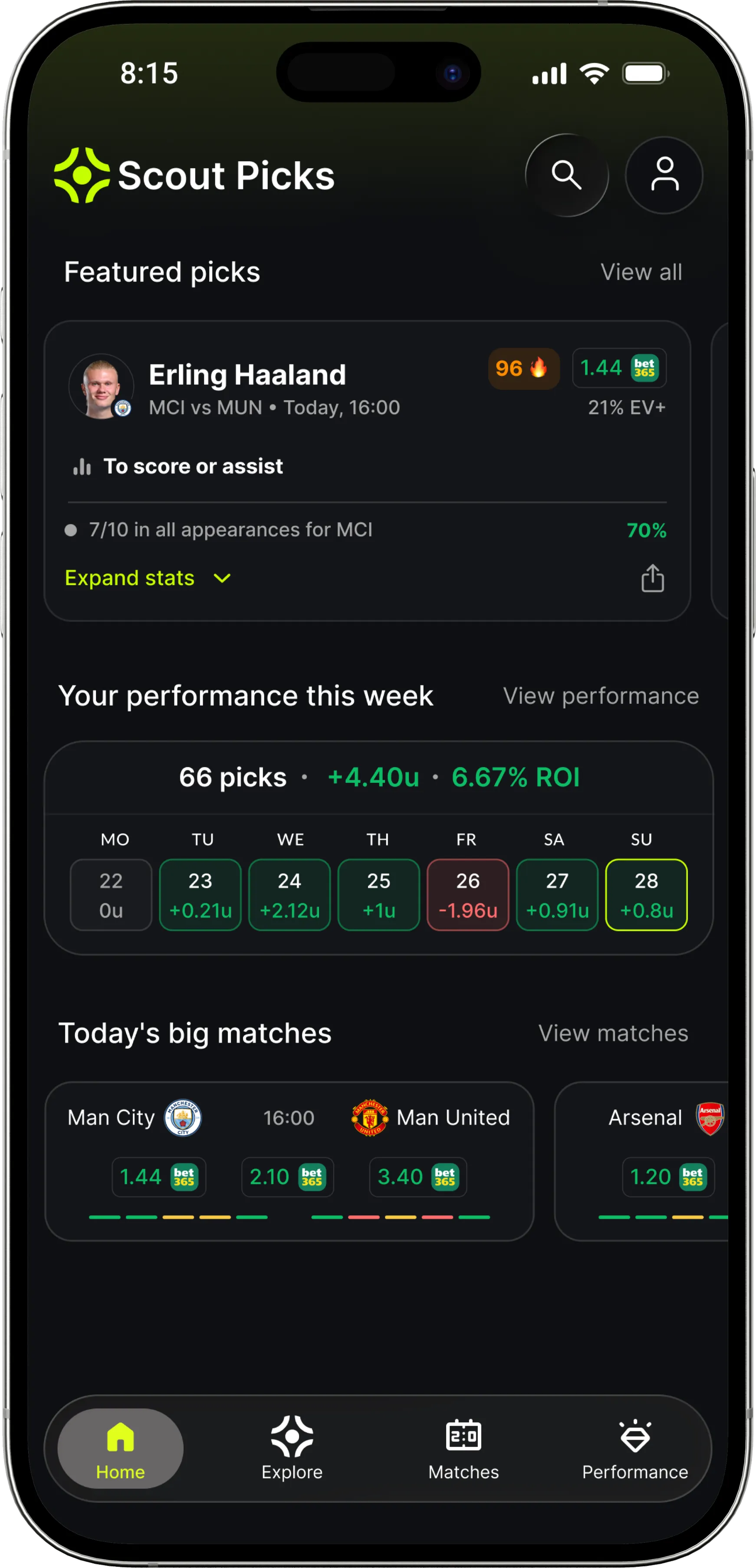 Scout Picks home screen showing featured picks and last week's performance